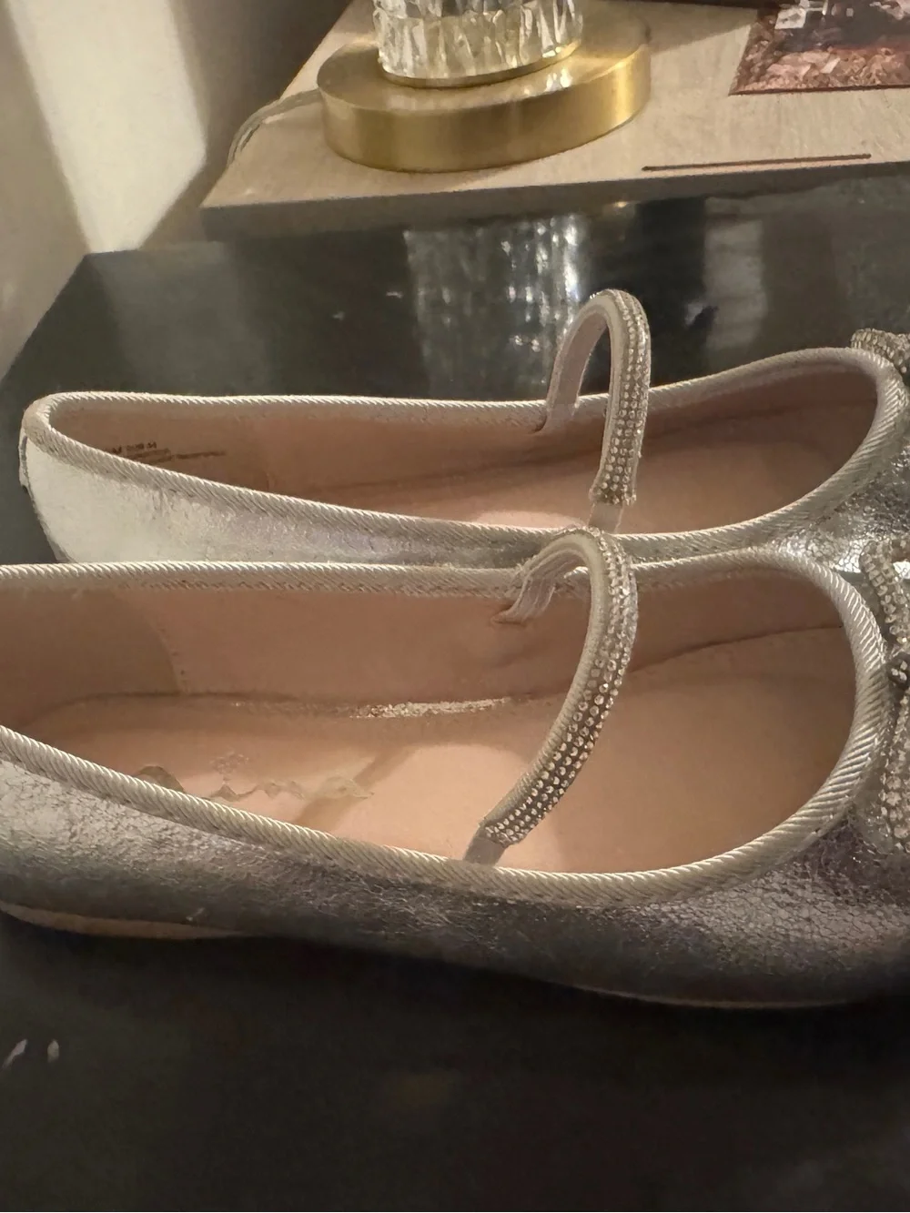 Girls Silver Glitter Mary Jane Flats with Bow
